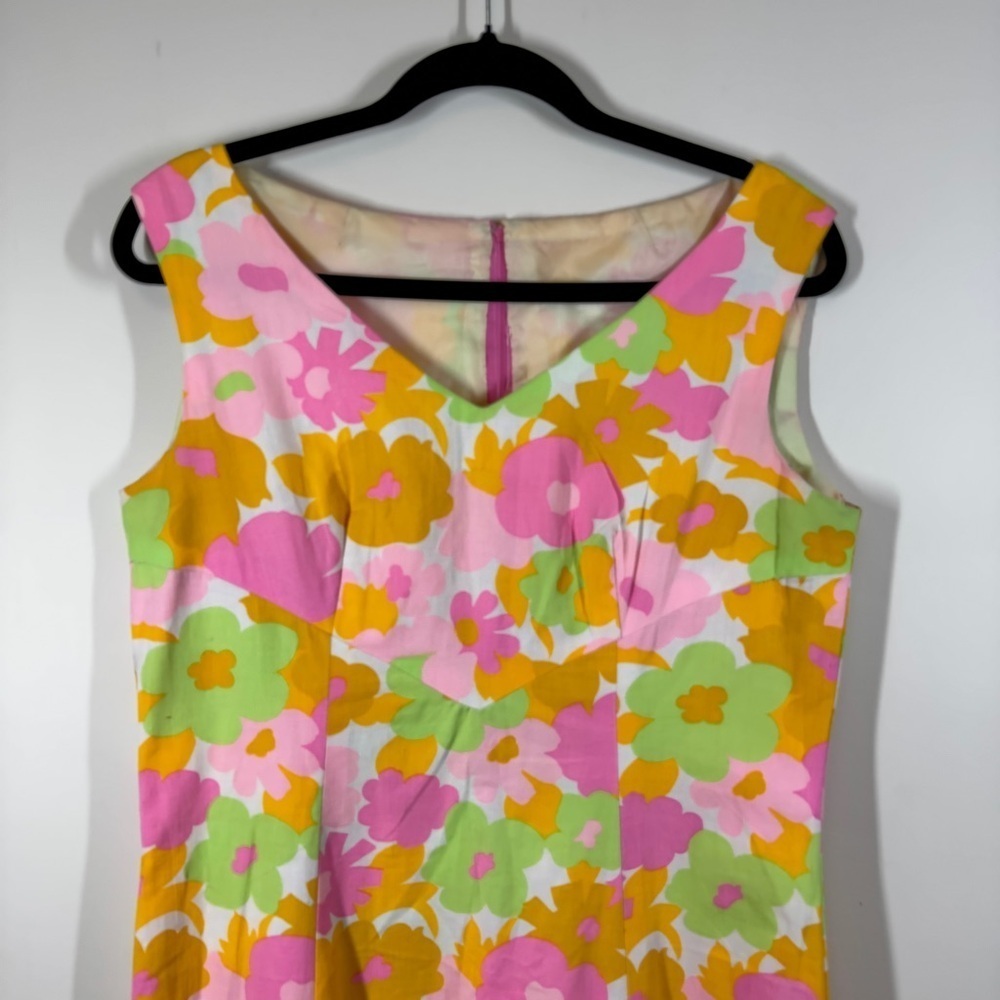 Vintage Handmade 70s Floral Maxi Dress Pink Orange Green Cotton V-Neck Zip Back - Picture 4 of 15